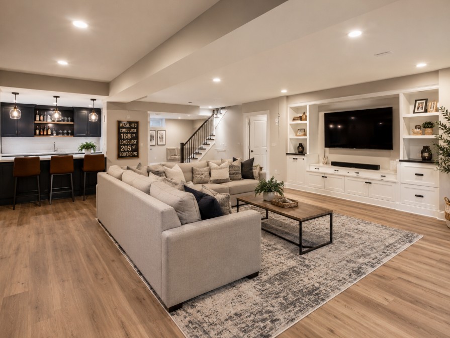 Finished basement with wet bar and media wall in Bethesda MD