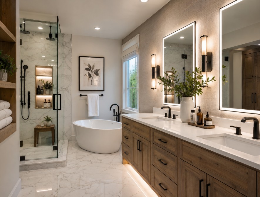 Luxury bathroom remodel with freestanding tub and frameless glass shower by iDesign