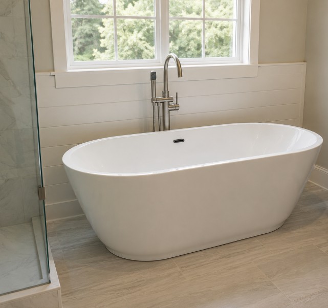 Freestanding soaking tub installation in a Bethesda MD bathroom by iDesign