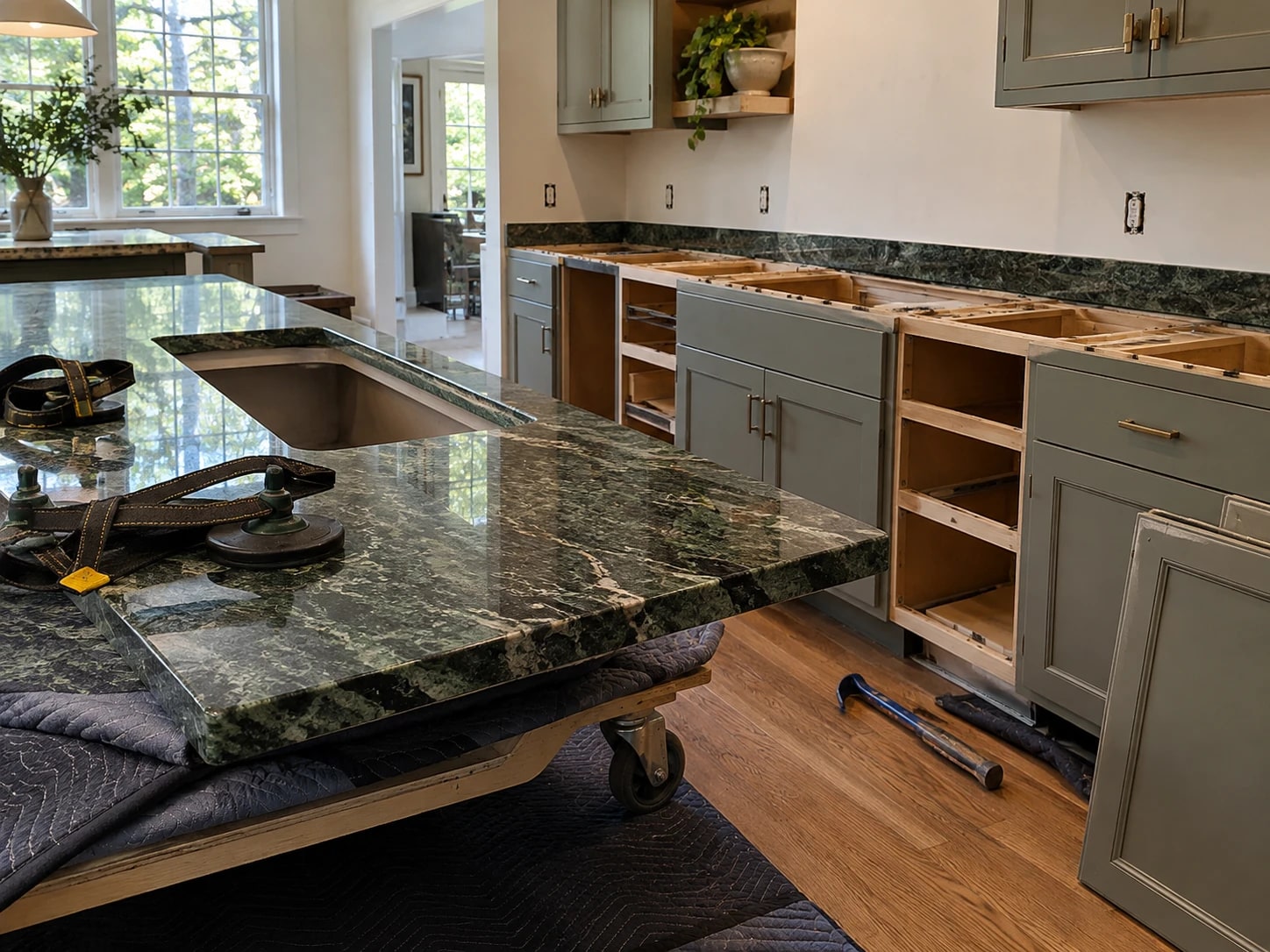 Granite countertop lifted off the base cabinets onto a padded cart during a countertop removal in Bethesda MD