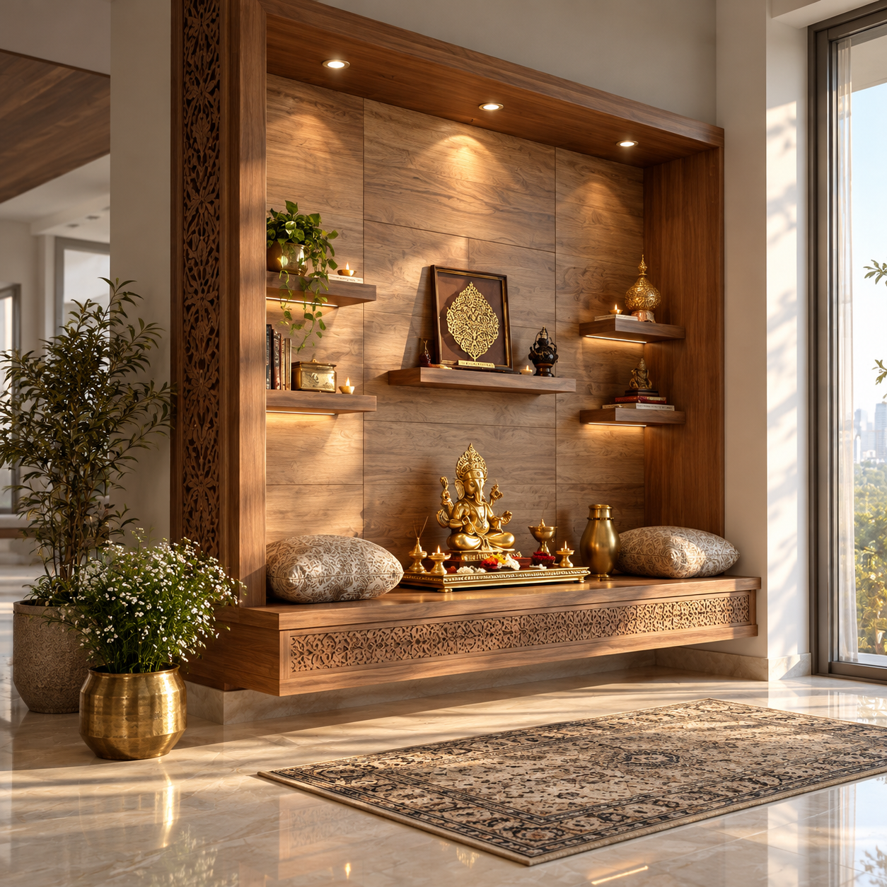 Contemporary floating wood home mandir with a carved jali apron, stone back wall and low seated chowki, built by iDesign Interior Solutions