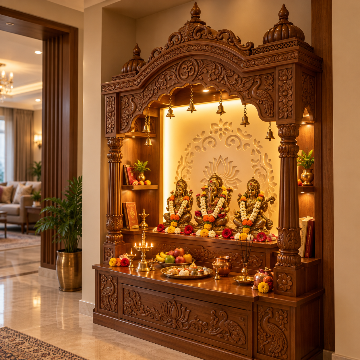 Custom carved teak home mandir in Maryland by iDesign Interior Solutions, with a carved torana arch, turned pillars, brass bells and a drawer bank below the chowki