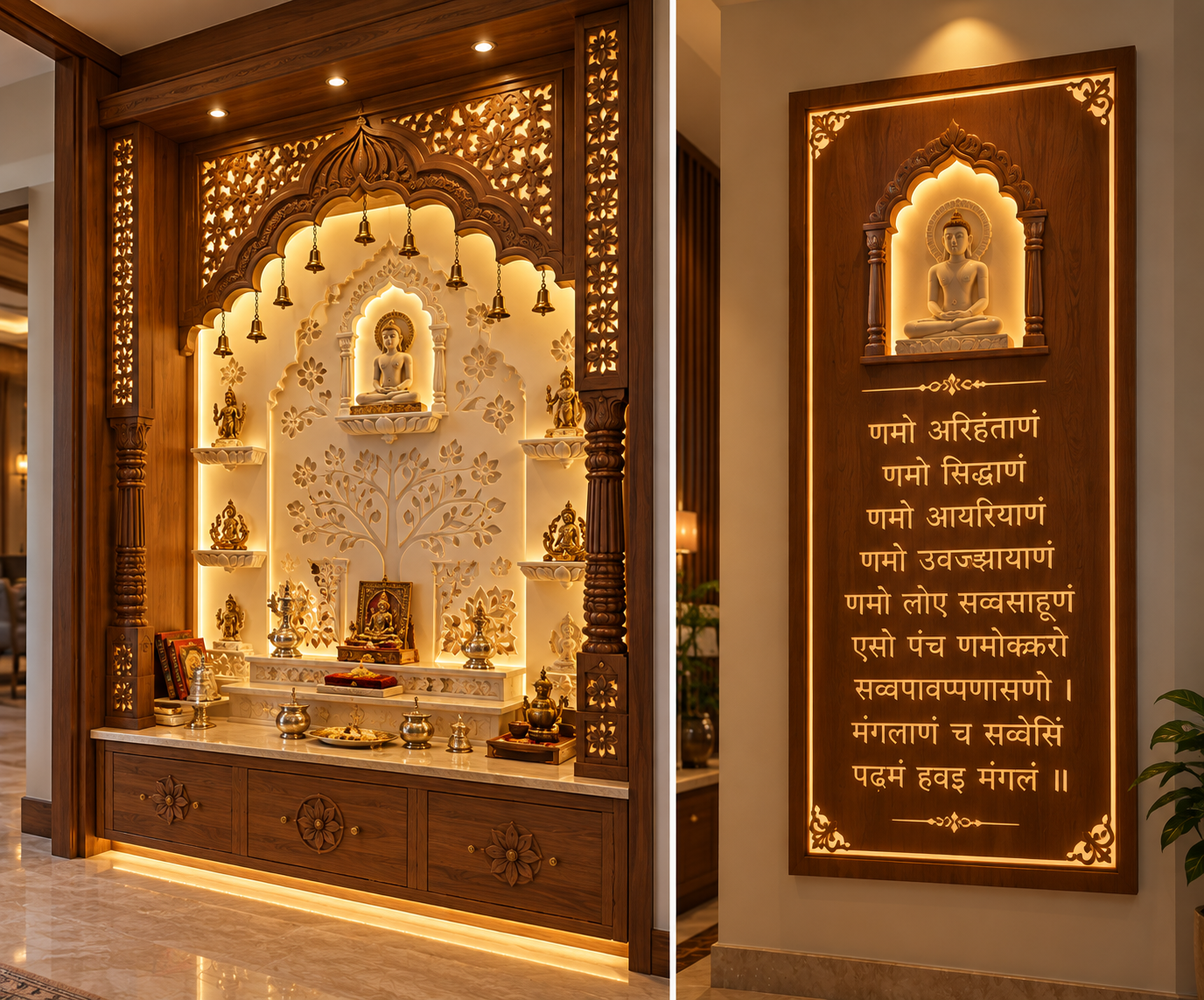 Jain gruh mandir in Maryland by iDesign Interior Solutions, with a seated Tirthankara pratima in a carved white marble niche, carved hardwood surround, tiered shelves for ashtaprakari puja vessels, and a backlit engraved Navkar Mantra panel