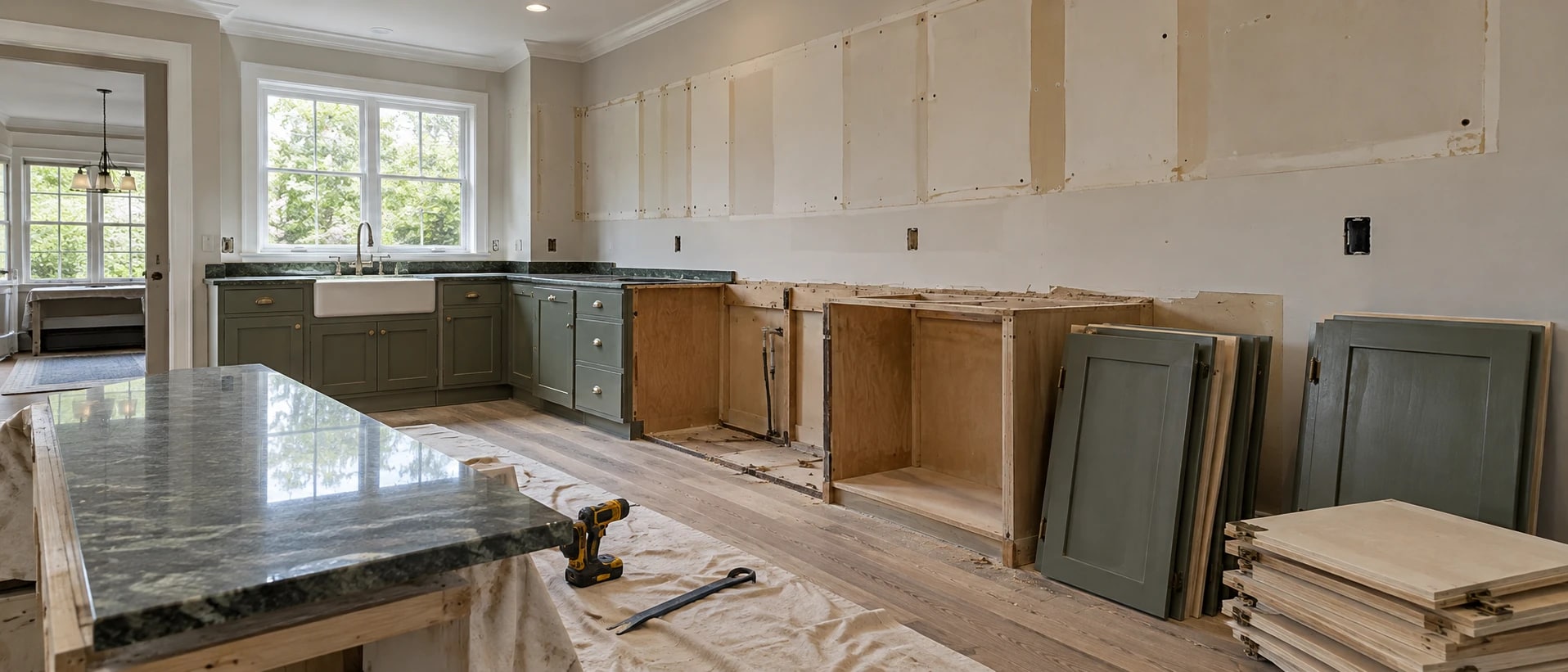 Kitchen mid-demolition in a Bethesda MD home: wall cabinets removed, doors stacked, and the floor protected by iDesign