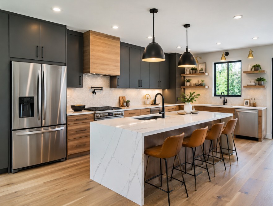 Custom kitchen remodel in Bethesda MD with two-tone cabinetry and marble waterfall island by iDesign