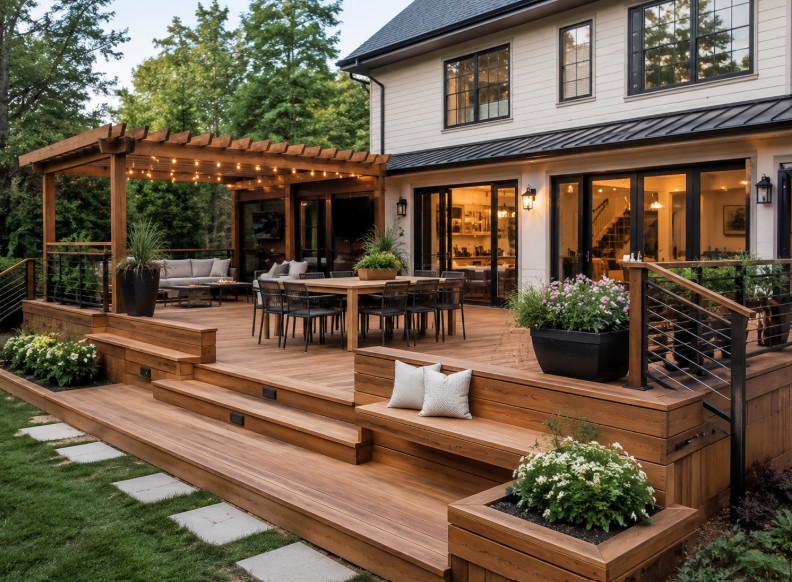 Multi-level wooden deck built by iDesign